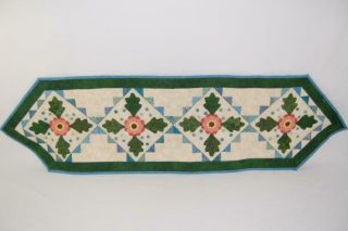 Vintage Table Runner Handmade Quilted Floral Pattern Textured Beige Green Blue