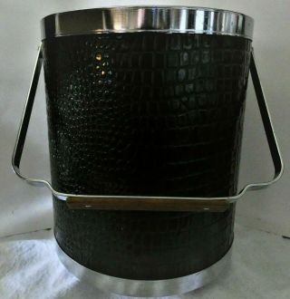 Mcm Vintage Kromex Ice Bucket Black Leather Faux Alligator With Tongs