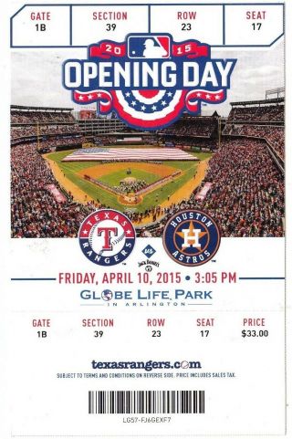 2015 Texas Rangers Vs Houston Astros Opening Day Ticket Stub 4/10