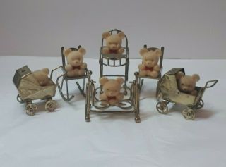 6 Vintage Flocked Miniature Teddy Bears On Brass Metal Furniture Ornaments