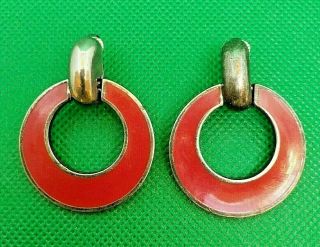 Vintage Red Enamel & Silver - Tone Hoop Clip On Earrings -