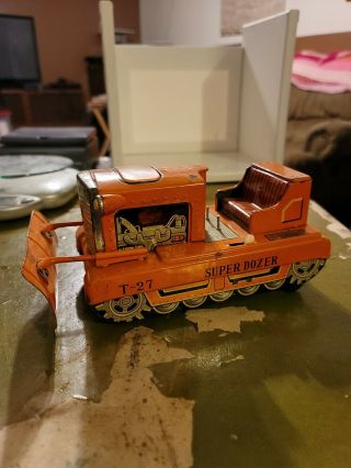 Vintage Tin Litho " T - 27 " Toy Battery Operated Dozer Marked Made In Japan