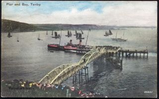 Paddle Steamer Loading From Tenby Pier.  1905 Vintage Postcard.  Uk Postage