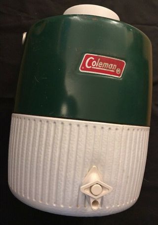 Coleman 2 Gallon Green White Water Jug & Cup Cooler Metal Plastic Vintage 1976