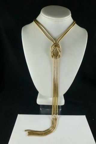 Vintage Gold Tone Mesh Snake Chain Necklace Lariat Tassel Knot