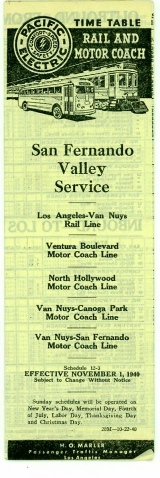 Pacific Electric Ry Interurban Psgr Time Table San Fernando Valley,  Nov.  1,  1940