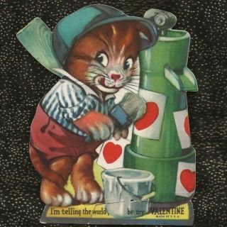 Vintage Die Cut Valentine Anthropomorphic Tabby Cat Gluing Hearts On Water Pump