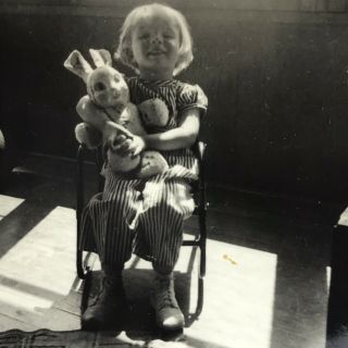 Vintage Black And White Photo Little Girl Rocking Chair Easter Bunny Toy