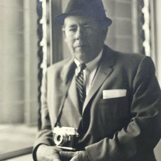 Vintage Black And White Photo Old Man Photographer Camera Suit Fedora