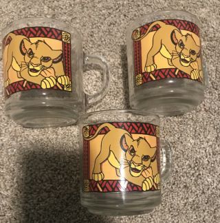 (3) Disney The Lion King Simba Circle Of Life Mug Cup Clear Glass Vintage 90s