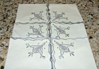 Vintage Linen Embroidery Cut Work Set Of 6 Ivory Cocktail Napkins 10 " Sq