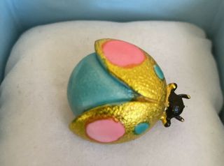 Vintage Ladybug Pin Brooch Gold Pink Blue Enamel On Gold Tone 1”
