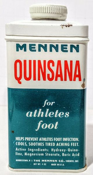 Vintage 1960s Mennen Quinsana Foot Powder Tin Athletes Foot,  Some Left