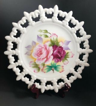 Vintage 1950’s Lefton China Hand Painted Roses Decorative Plate Lattice Edge 8”