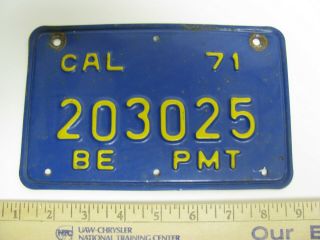 1971 California State License Plate Be Permit Car? Automobile? Tag 203025 Blue