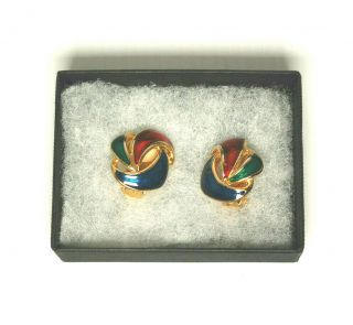Vintage Retro Earrings Red Blue And Green Enamel Clip On Gold Tone Earrings