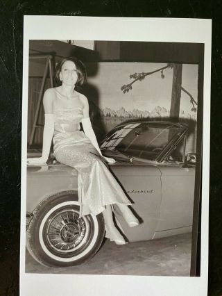 Vintage Photo,  Sexy Lady In Fancy Gown Sitting On Hood Of Classic Thunderbird B5