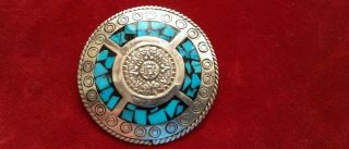Vintage Mexico Silver And Turquoise Mosaic Brooch/pendant.  46mm Dia.