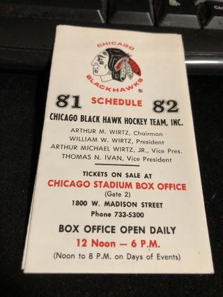 1981 - 82 Chicago Blackhawks Hockey Pocket Schedule Illinois Bell Version