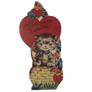 Vintage Valentine Youre The One For Me Die Cut Heart Kitty Cat Kitten Basket