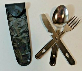 Vintage Camp Utensil Set W/ Spoon,  Fork & Knife W/ Plastic Case - Clip - Together
