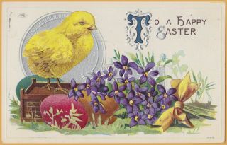 Vintage Easter - " Top A Happy Easter " Chick,  Eggs & Purple Flowers - 1914