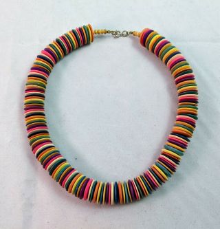 Vintage Wooden Choker Necklace With Multi Colorful Round Discs