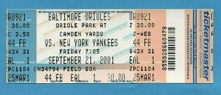 Cal Ripken,  Jr Baltimore Orioles York Yankees Full Ticket September 21,  2001
