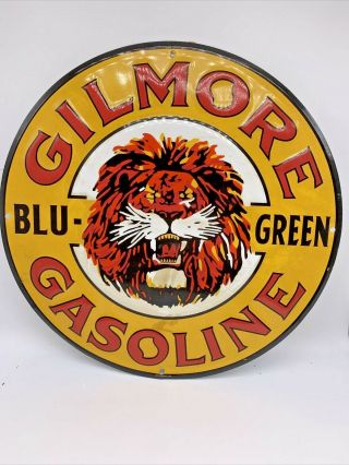 Vintage Gilmore Blu Green Gas,  Lion Porcelain Metal Gasoline & Oil Sign