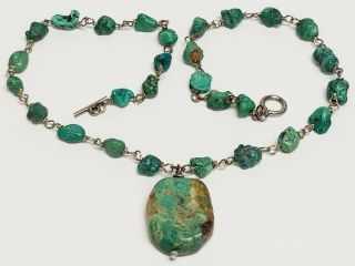 Vintage Hand Crafted Turquoise Stone Silver Tone Pendant Toggle Necklace 15.  5 "