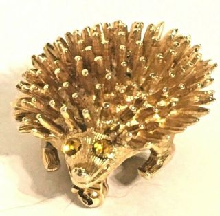 Sarah Coventry Signed Hedgehog Brooch Pin Gold Tone Gold Rhinestone Eyes Vintage