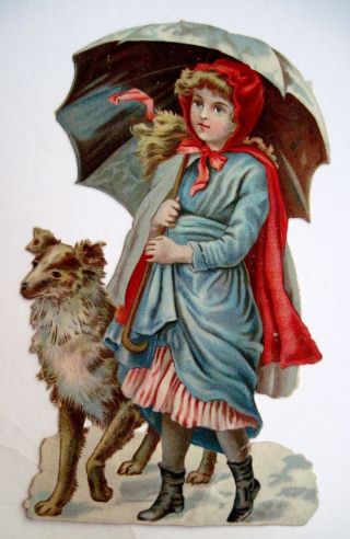 Vintage Victorian Die - Cut W/ Precious Girl W/ Umbrella & Her Dog (n)