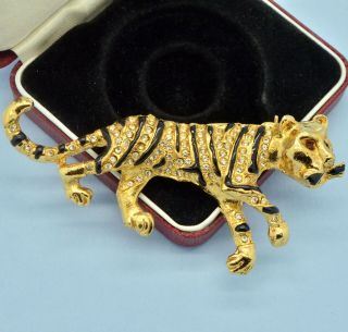 Vintage Tiger Brooch Large 1960s Black Enamel Crystal Goldtone Bridal Jewellery