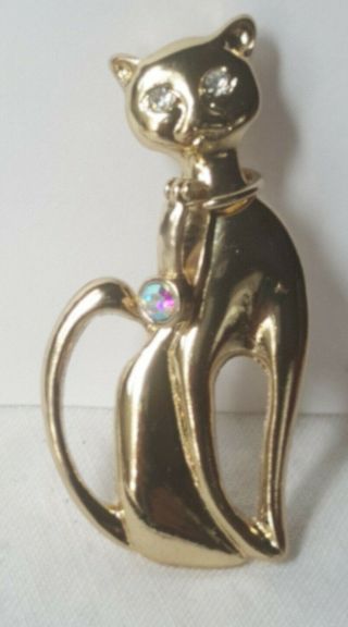 Vintage Gold Plate Sgd Lenox Rhinestone Cat - Kitten Pin/brooch Dangling Charm Wow