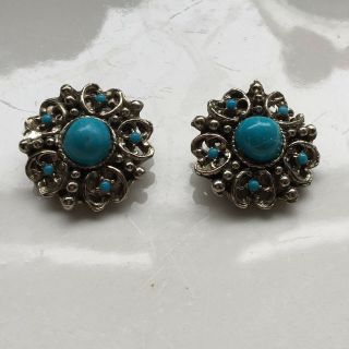Stunning Vintage Turquoise Glass Stone Silver Tone Clip On Earrings 1950s