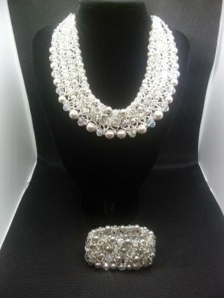Vintage Handcrafted Beaded Crystal Pearl Necklace And Stretch Bracelet
