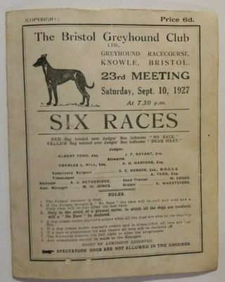 Vintage Greyhound Racecard Knowle,  Bristol Greyhound Club - 1927