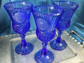 Vintage Avon Cobalt Blue Glass Goblets George Martha Washington Cameo Set 4 Exc