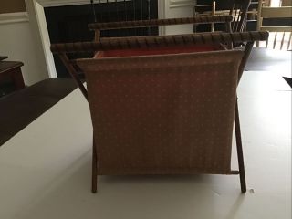 Vintage Mid Century Folding Fabric & Wood Sewing Yarn Basket Brown Dots.