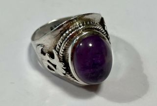 Large Vintage Tribal Style Sterling Silver & Cabochon Amethyst Band Ring Size Q