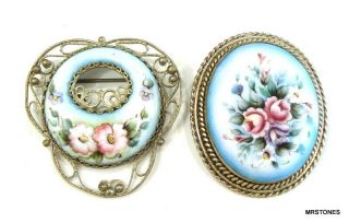 2 Pc Vintage Victorian Revival Baby Blue Porcelain Filigree Brooches Pink Floral
