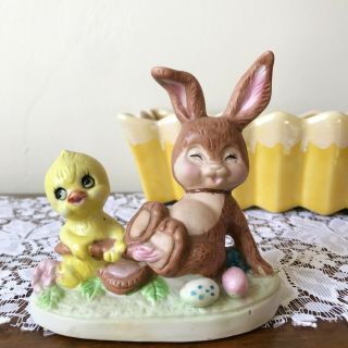 Vintage Easter Chick Tickling Bunny Figurine,  Eggs,  Paintbrush