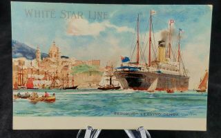 SS REPUBLIC Ocean Liner WHITE STAR Line Steamship PC Leaving Genoa Charles Dixon 2