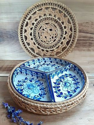 3 Pc Blue White Floral Serving Relish Divided Dish Veggies Lidded Basket Set Vtg
