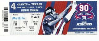 2014 York Giants Vs Houston Texans Ticket Stub 9/21 Dave Jennings