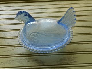 Vintage Nesting Hen Pale Blue Beaded Glass Candy Dish