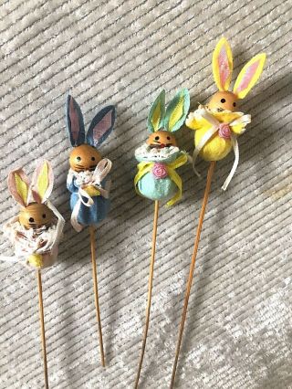 Vintage Easter Bunny Wooden Hand Painted Handmade Party Decor On Sticks Set 4