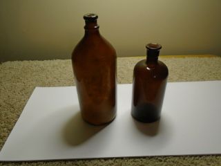 2 Vintage Cork Top Amber Glass Bottles - 32 Oz.  Dazzle Bleach & 7 " Lysol