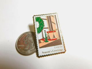Season ' s Greetings Enamel Metal Christmas 15 Cent Stamp Lapel Pin Brooch Vintage 3