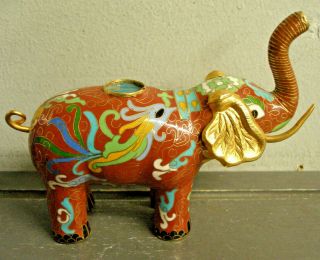 Vintage Cast Brass Asian Elephant Cloisonne Figurine Incense Burner - Trunk Up
